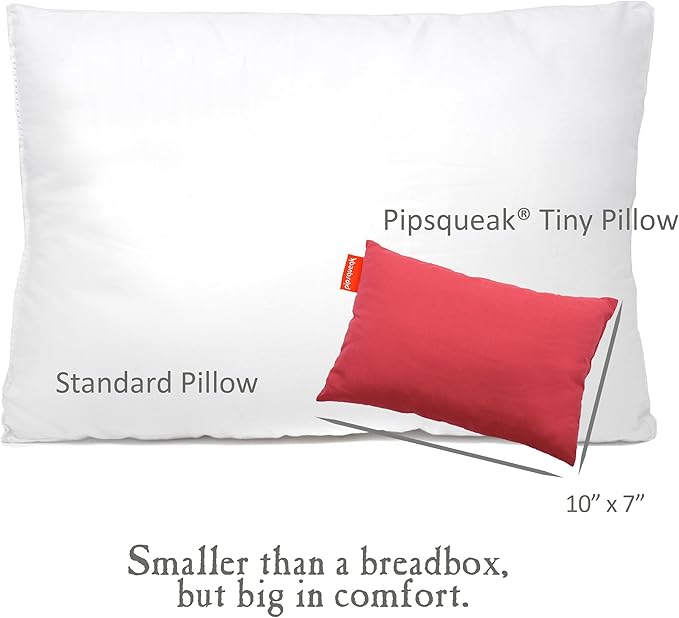 Pipsqueak Small | Tiny | Mini Pillow with Name Tag - 11in x 7in x 2.5in - Machine Washable - White Pillow with Rose Case
