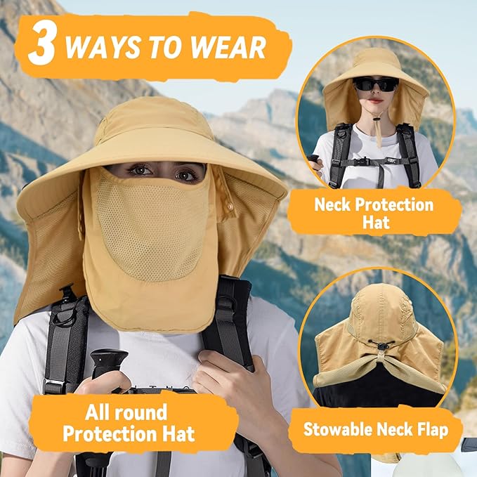 Sun Hats for Men Women Detachable Face Cover Wide Brim Fishing Hats with Neck Flap UPF 50+ Outdoor Safari Hats