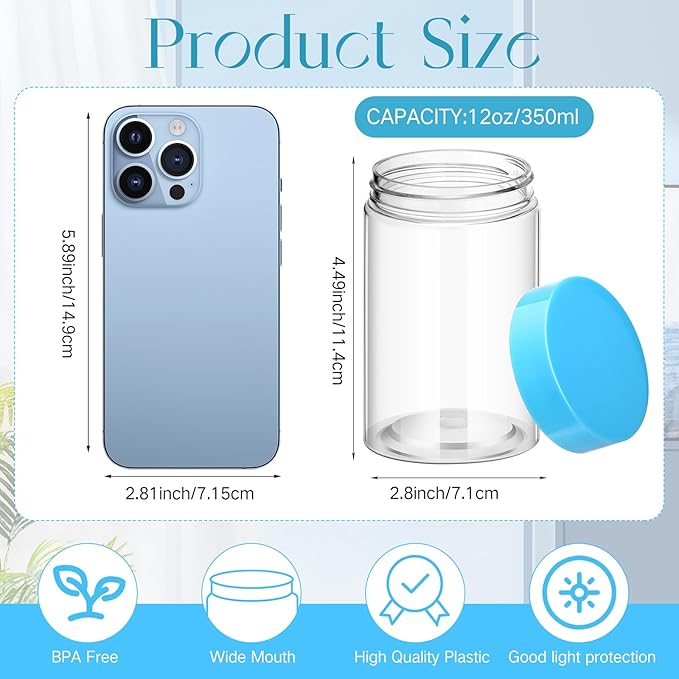 SATINIOR 12 Pack 12 oz Plastic Container Jars with Lids Round Clear Travel Cosmetic Container Slime Jars for Toiletries, Lotion, Cream, Ointments, Makeup, Rhinestone, Samples, Kitchen Storage(Blue)
