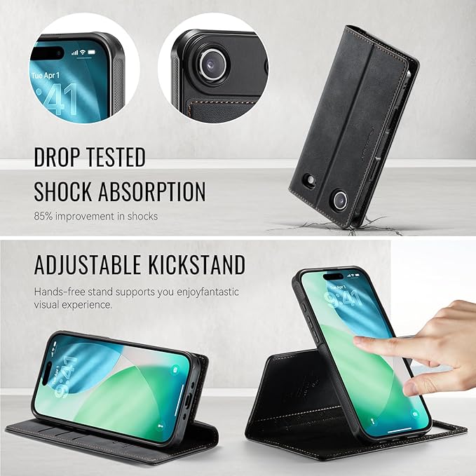 PlusnapX Wallet Case for iPhone Air Compatible with Magsafe, 2-in-1 PU Leather Flip RFID Blocking Card Holder Stand ShockAirof Magnetic Detachable Cover for iPhone 17 Air Case 6.5", Black