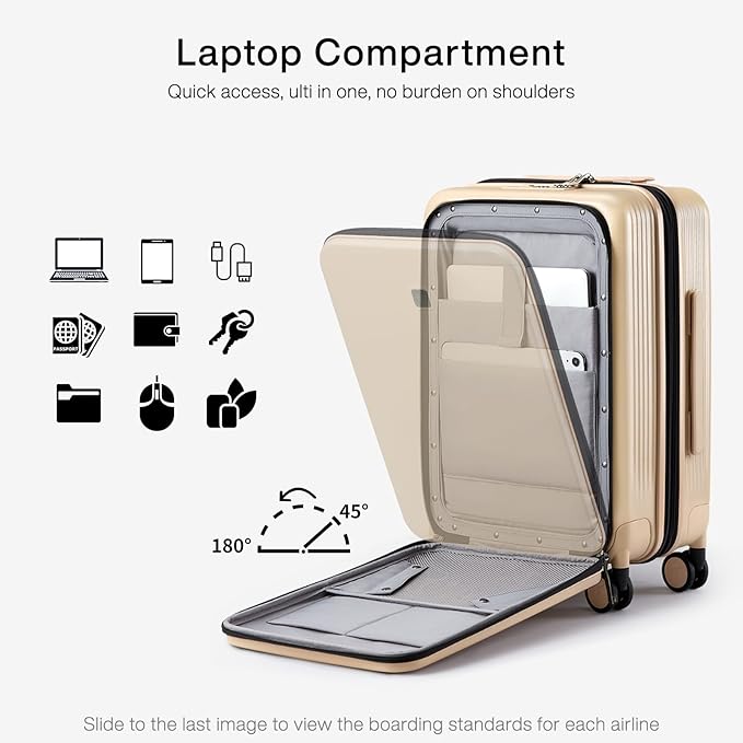 Hanke Grace Expandable Carry On Luggage with Wheels Airline Approved Hard Shell Suitcases with Front Pocket，Top Opening Luggage with TSA Lock for Short Business Travel, Cuban Sand.