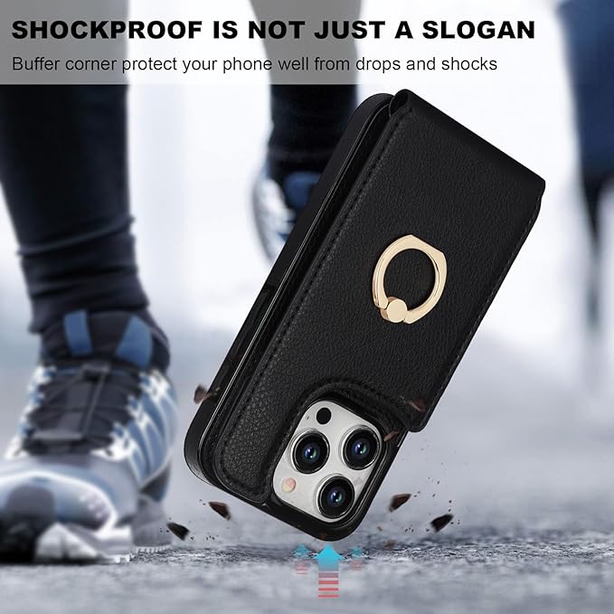 Folosu Compatible with iPhone 15 Pro Case Wallet with Card Holder, 360°Rotation Finger Ring Holder Kickstand, RFID Blocking Leather Protective Double Buttons Shockproof Cover 6.1 Inch Black