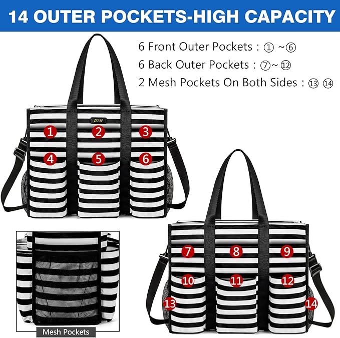 IBFUN Utility Tote Bag with 14/24 Pockets Zip Top Teacher Tote Bag for Teacher/Work Women