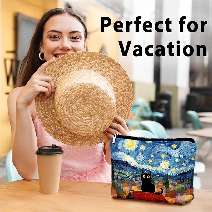 Black Cat Makeup Bag, Black Cat Mom Lovers Lady Gifts Cosmetic Bag for Women, Pet Lover Gifts, Celestial Starry Night Kitten Small Toiletry Bags Zipper Makeup Pouch