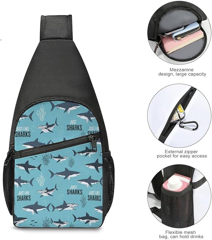 SWEET TANG Sling Bag Crossbody Backpack for Women Men, Breathable Multipurpose Satchel Bag Ocean Animal Printed Shark, Anti Theft Funny Outdoor Daypack