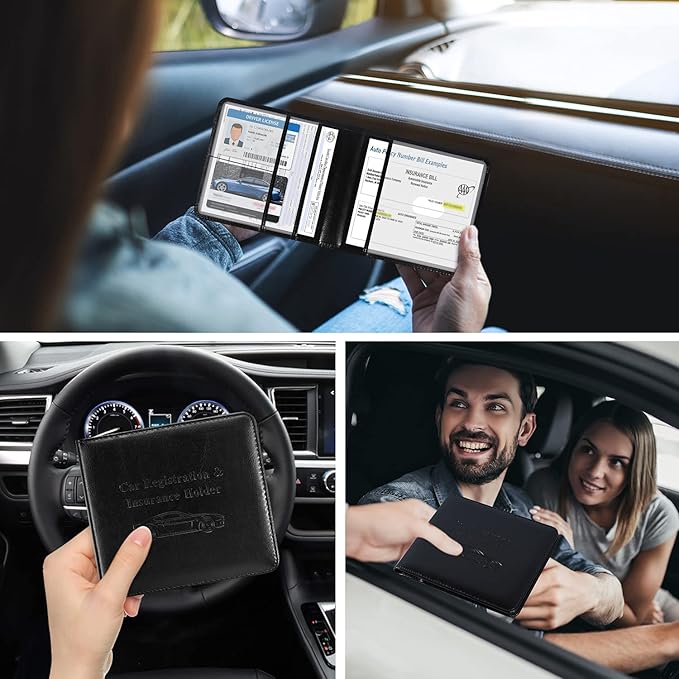 DMLuna Car Registration and Insurance Holder, Folio Leather Vehicle Card Document Glove Box Organizer, Auto Truck Compartment Accessories for Essential Information, Driver License Cards, Black