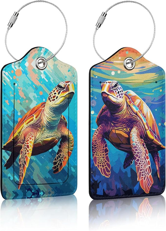 2 Pack Luggage Tag for Suitcase,Colorful Sea Turtle Luggage Tag with PU Leather Privacy Cover ID Label & Stainless Steel Loop for Women Men Travel Bag Suitcase