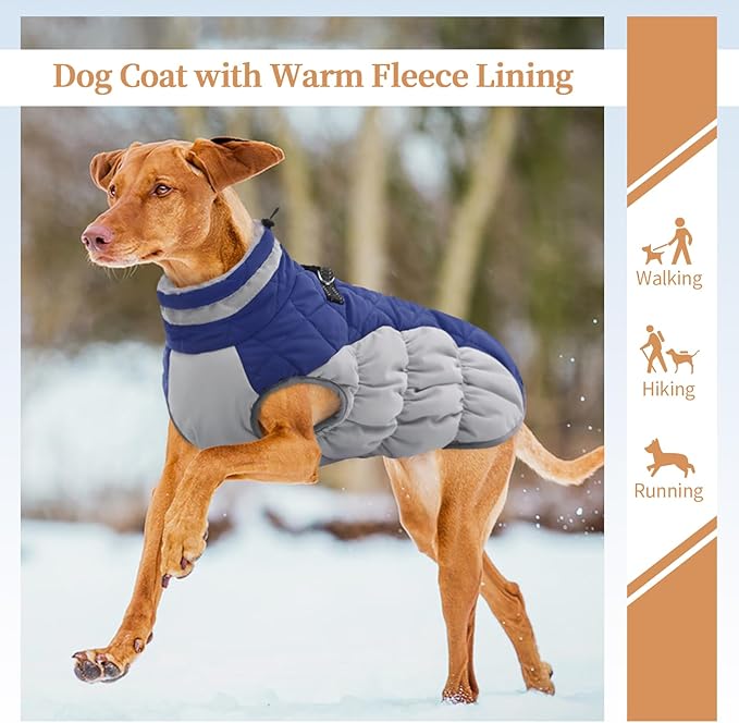 OUOBOB Dog Coats for Large Dogs,XL Dog Coat,Warm Fleece Winter Coat with D-Ring,Back Zipper Pet Jacket for Large Dogs,Waterproof Pet Snow Jacket Clothes Snowsuit Beagle Corgi Border Collie,Blue,XL