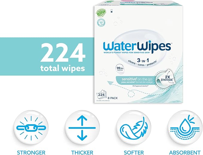 WaterWipes Sensitive+ On The Go Wipes, 3-In-1 Cleans, Cares, Protects, 99.9% Water, Unscented & Hypoallergenic Wet Wipes, 224 Count (8 Packs)