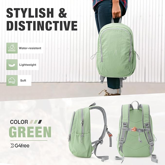G4Free 15L Hiking Backpack, Bookbag for Students, Lightweight Water Resistant Daypack for Travel School College Women Men (Green)