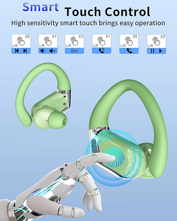 Wireless Earbud, Bluetooth 5.4 Headphones IP7 Waterproof for Sport, 50H Running Wireless Earphones with ENC Noise Cancelling Mic, Deep Bass Over Ear bud with Earhooks for Android, iOS, Workout, Gym