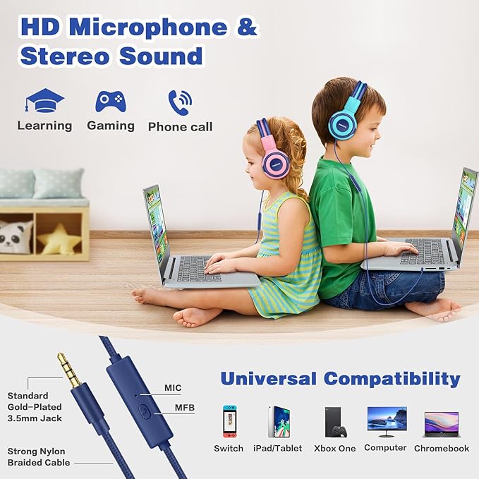 SIMOLIO Kids Headphones for School Travel, Headphones for Kids with Mic & Share Port, 75dB-85dB-94dB Safe Volume, Stereo Wired Foldable Headsetss for Boys, Girls, Child Earphones for Tablet (Mint)