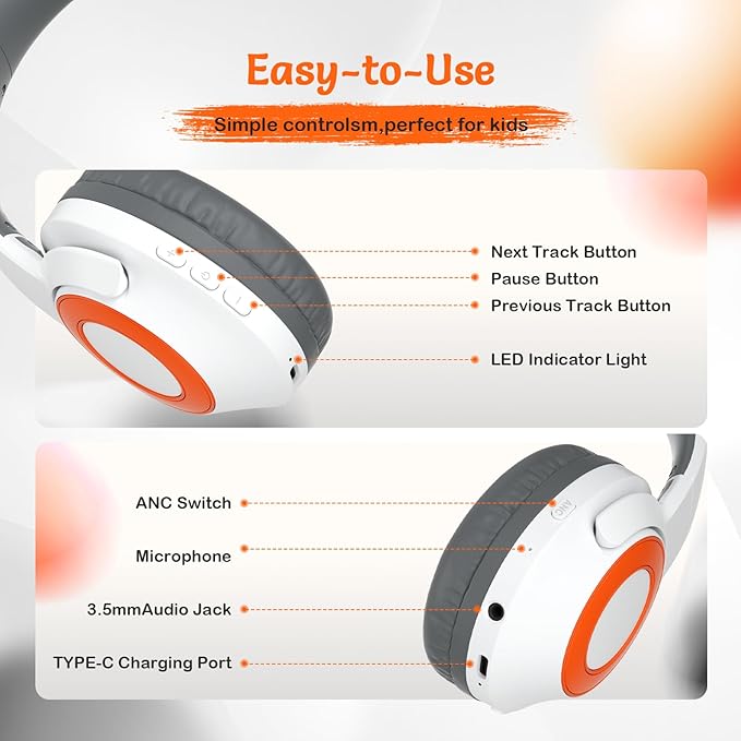 Kids Bluetooth Headphones with ANC, Wireless Over-Ear Headset for Boys and Girls, Foldable & Adjustable, Ideal for School, Travel and Online Learning (White)