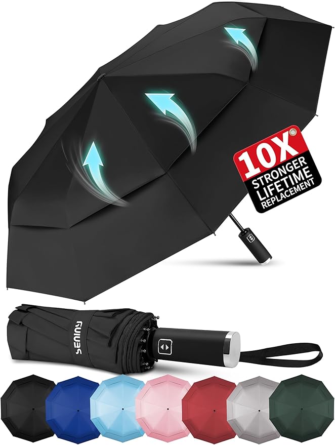 Seniny Travel Umbrella with Carabiner Handle, Windproof Large Umbrellas for Rain with Dual-Rib Structure, Portable Compact Umbrella with Reflective Strip, Car Backpack UV Umbrellas for Sun Protection
