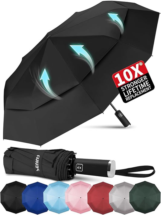 Seniny Travel Umbrella with Carabiner Handle, Windproof Large Umbrellas for Rain with Dual-Rib Structure, Portable Compact Umbrella with Reflective Strip, Car Backpack UV Umbrellas for Sun Protection