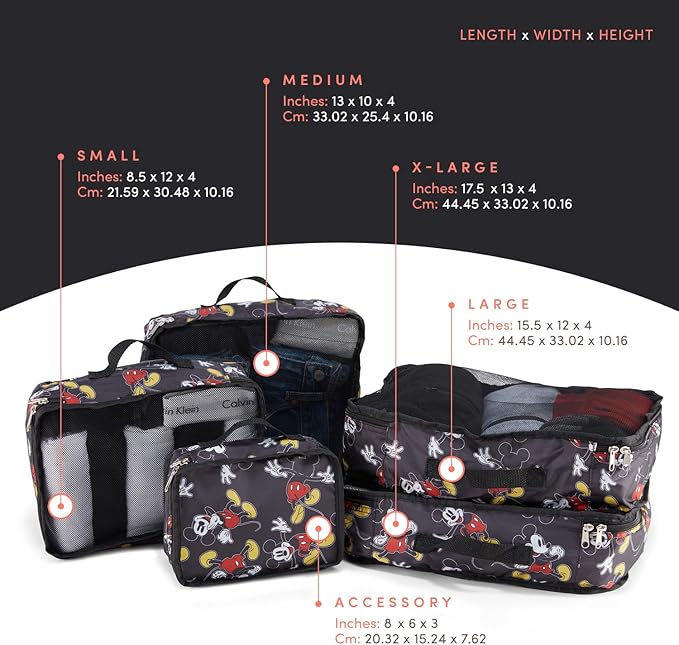 Disney Minnie Mickey Stitch Packing Cubes - Winnie the Pooh, Princess Cinderella, Cars, Toy Story 5 Piece Packing Cubes Compression - Travel Essential - Luggage Suitcase Organizer Set