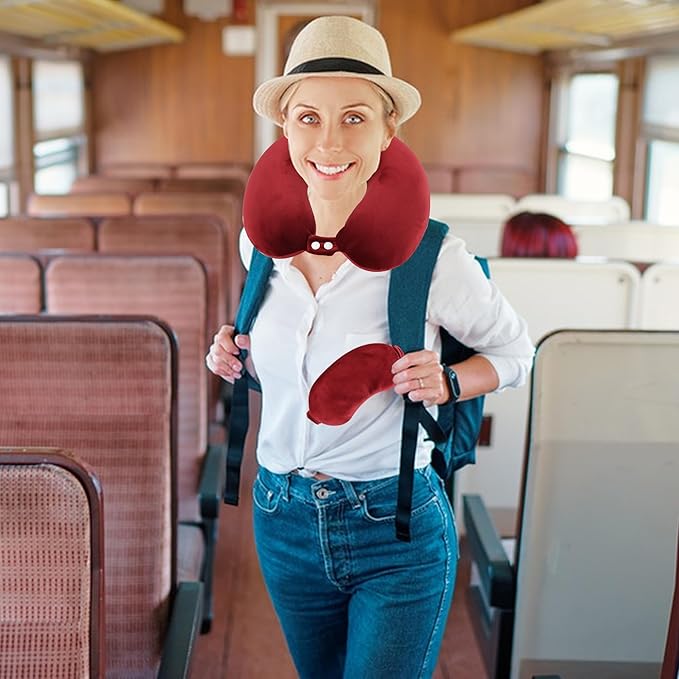 Pure Memory Foam Travel Pillow Set for Adults - Comfortable & Removable Machine Washable Cover, Neck Support Pillow Airplane Travel Kit with Eye Mask for Portable Plane Accessories -Wine Red