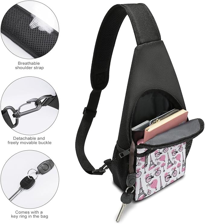 SWEET TANG Sling Bag Crossbody Backpack for Women Men, Breathable Multipurpose Satchel Bag Paris Pink Eiffel Tower, Anti Theft Funny Outdoor Daypack