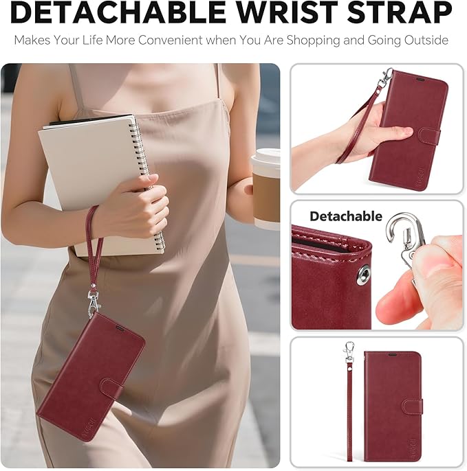 TUCCH Detachable Case Wallet for iPhone 17 Pro (6.3") 2025, Wrist Strap | 4 Card Holders RFID Blocking | Wireless Charging | Stand | 2-in-1 Magnetic | PU Leather | Shockproof Folio Cover | Dark Red