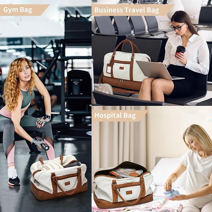 Wogarl Weekender Bags for Women Large Canvas Overnight Bag Travel Duffel Bags Carry on Shoulder Weekend Bag with Shoe Compartment for Travel Night Flight Daily Use
