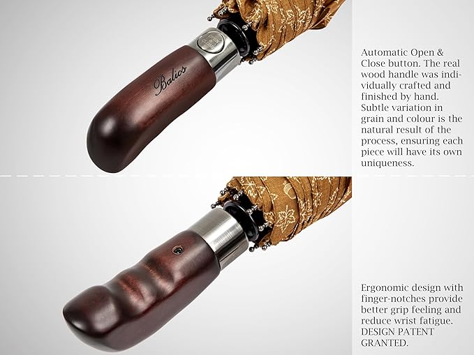 Balios Travel Folding Umbrella with Real Wood Handle Auto Open Close Vented Windproof Canopy - Designed in UK