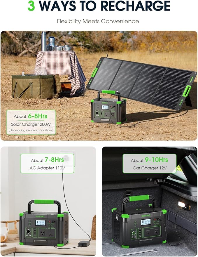 Portable Power Station 999Wh Solar Generator 1000W, 110V Pure Sine Wave AC Outlet, 60W USB-C PD Fast Charging, 10 Ports for Home Backup, Outdoor Camping, RV Travel, Emergency (2000W Surge)