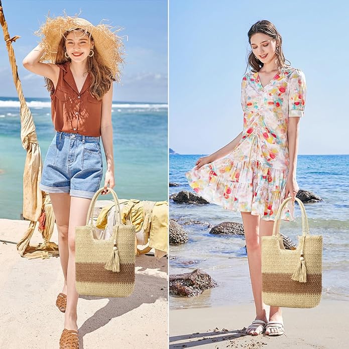 Straw Beach Bags for Women Woven Beach Tote Bag Casual Boho Large Shoulder Handbags Purse for Vacation Holiday