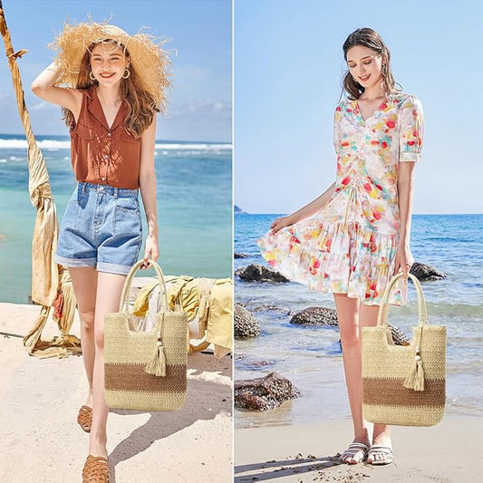 Straw Beach Bags for Women Woven Beach Tote Bag Casual Boho Large Shoulder Handbags Purse for Vacation Holiday