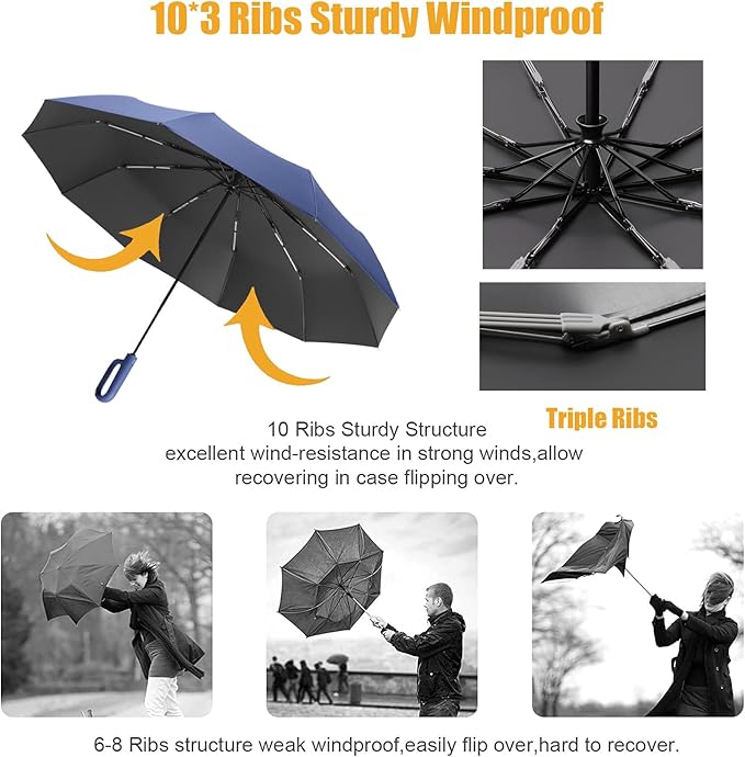 Travel Folding Golf Umbrella 10 Ribs Automatic Open/Close,Lightweight Compact Portable Backpack Car Parasol Outdoor,Sun/Rain,Anti 99 UV Protection UPF 50,Men Women Carabiner Handle Design