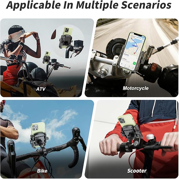 Bike Motorcycle Phone Mount with Aluminum Alloy Mounting Base, [1s Lock & Release] [No Block Camera] Bicycle Handlebar Cell Phone Holder for Scooter ATV, Fit 5.4-7.2" Smartphone