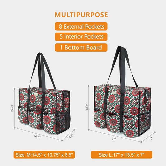 TOPDesign Utility Water Resistant Tote Bag with 13 Pockets, Top Zipper Closure & Thick Bottom Support, for Working Women