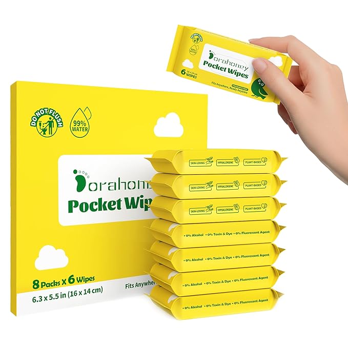 Unscented Travel Wet Wipes, 99% Purified Water Mini Wipes for Sensitive Skin, Hypoallergenic & Plastic-Free Pocket Wipes, 48 Count (8 Packs of 6)