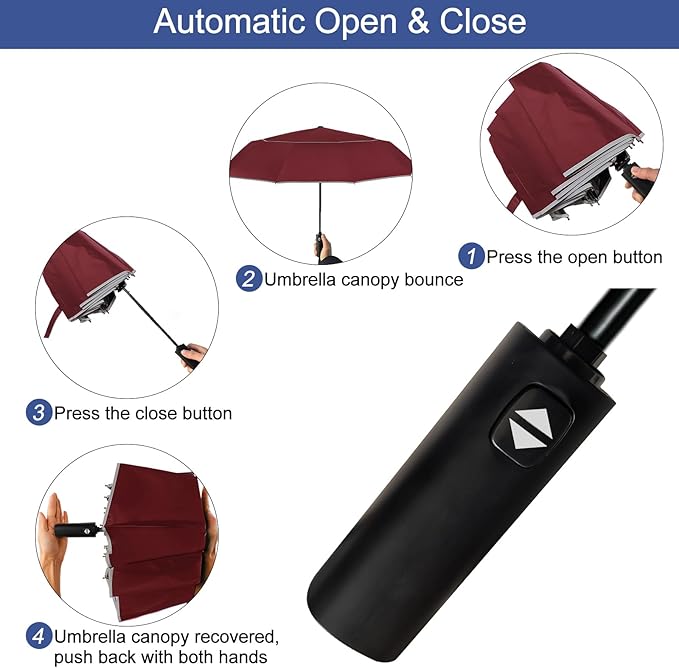 Satol Extra Large Golf Umbrella, 46/54/62 Inch Windproof 10 Ribs Vented Double Canopy Reflective Strips Automatic Open/Close Waterproof UV Protection Portable Compact Umbrella for Outdoor & Travel