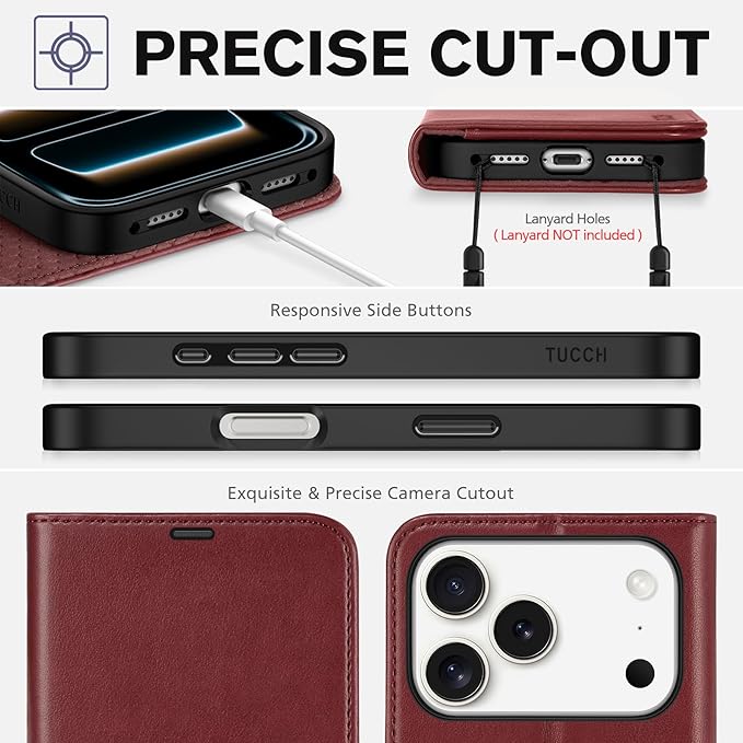 TUCCH Case Wallet for iPhone 17 Pro (6.3") 2025, Stand | RFID Blocking | 4 Card Holders | TPU Shockproof Inner Shell | PU Leather | Magnetic Closure Folio Protective Cover | Dark Red