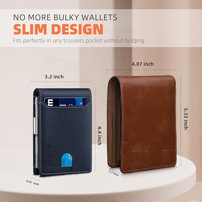 RUNBOX Slim Wallets for Men - Leather Money Clip Mens Wallet - RFID Blocking Front Pocket Bifold Wallet - Thin Credit Card Holder with Gift Box