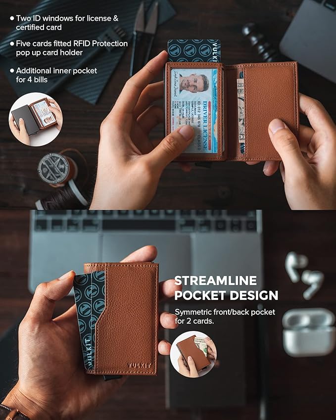 VULKIT Card Holder Wallet with Double ID Windows RFID Blocking Pop Up Wallet Minimalist Design for 12 Cards