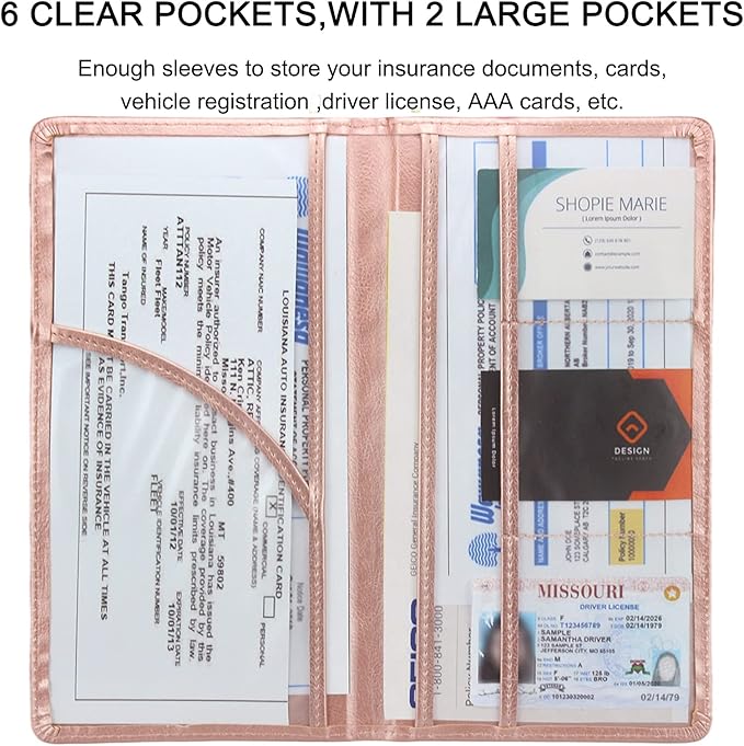 Premium Car Registration & Insurance Card Holder with Magnetic Shut, Vehicle Glove Box Car Organizer - For Documents, Cards, License (Rose gold)