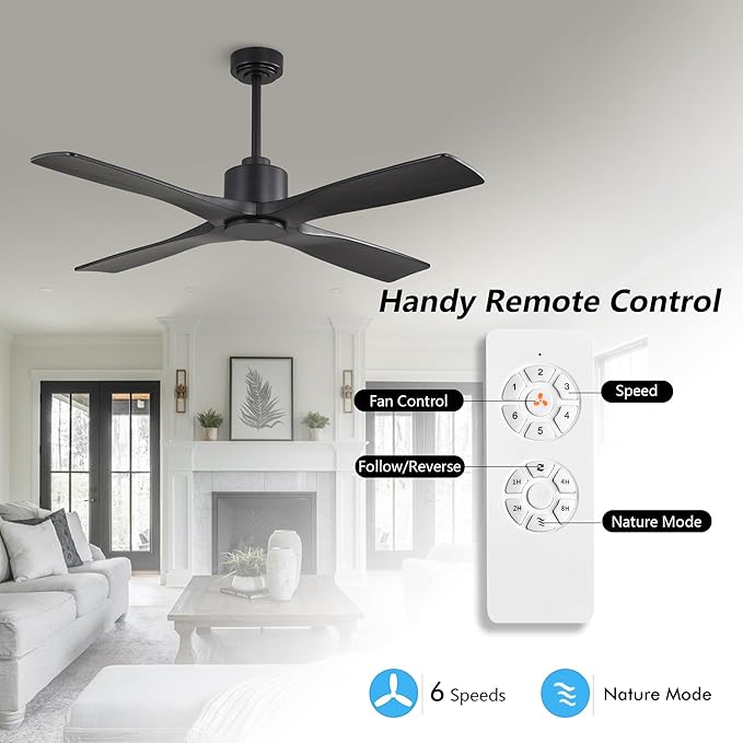 WINGBO 54" DC Ceiling Fan without Lights, 4 Carved Solid Wood Blades, 6-Speed Noiseless Reversible DC Motor, Modern Ceiling Fan No Light with Remote, Matte Black Finish with Black Blades, ETL Listed