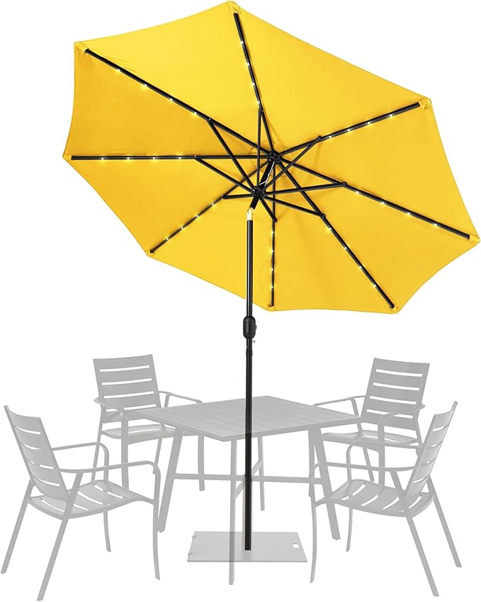 Sundale Outdoor 9FT 32 LED Lighted Patio Umbrella with Solar Powered, Table Market Umbrella with Crank & Push Button Tilt for Garden, Deck, Backyard, Pool, 8 Steel Ribs(Yellow)