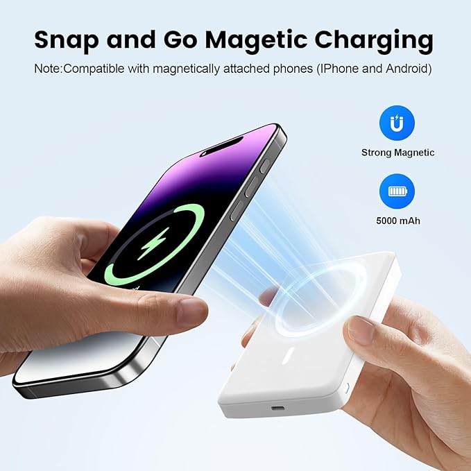 Magnetic Portable Charger Power Bank 5000mAh, 15W Ultra Slim Fast Charging Wireless Charger, Travel Essential for iPhone 17/16/15/14/13/12 Pro, iPad, Android, Metal Shell with USB-C Cable (Silver)