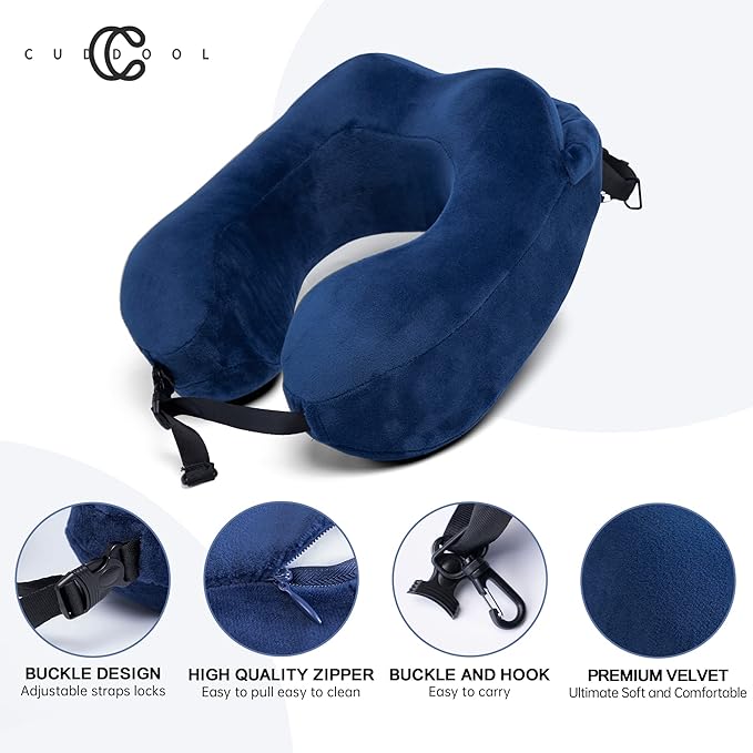 Neck Pillow with Hood - Memory Foam Neck Pillow Head Chin Support, Airplane, Car, Office & Home Sleep Rest Travel Pillows with Hood (Navy Blue, M)