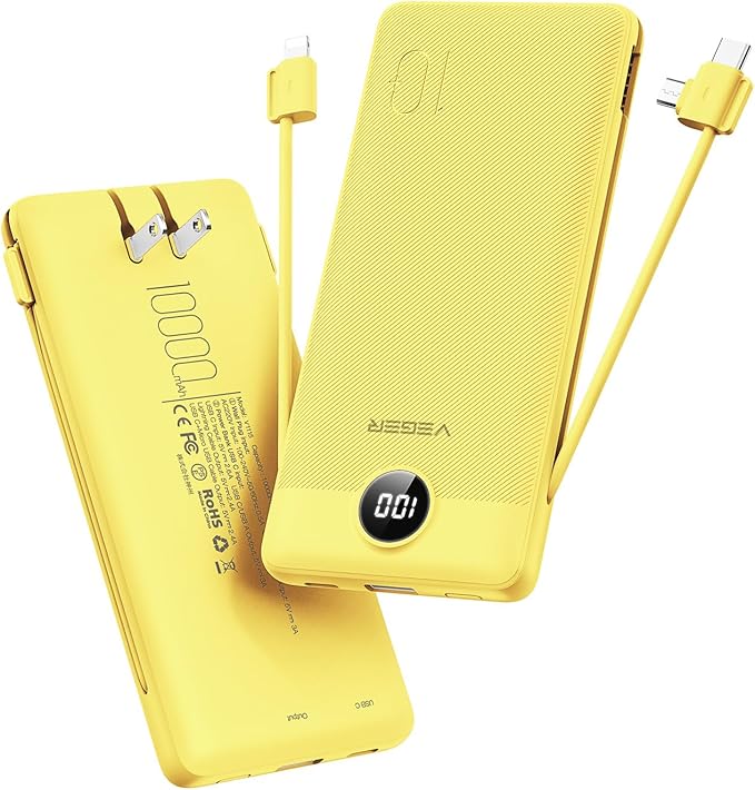 VEGER Portable Charger with Built-in AC Plug and Cables, All in One 10000mAh Ultra Slim Power Bank Travel Essentials, 15W Fast Charging Battery Pack Compatible with iPhone, Samsung, Android (Yellow)