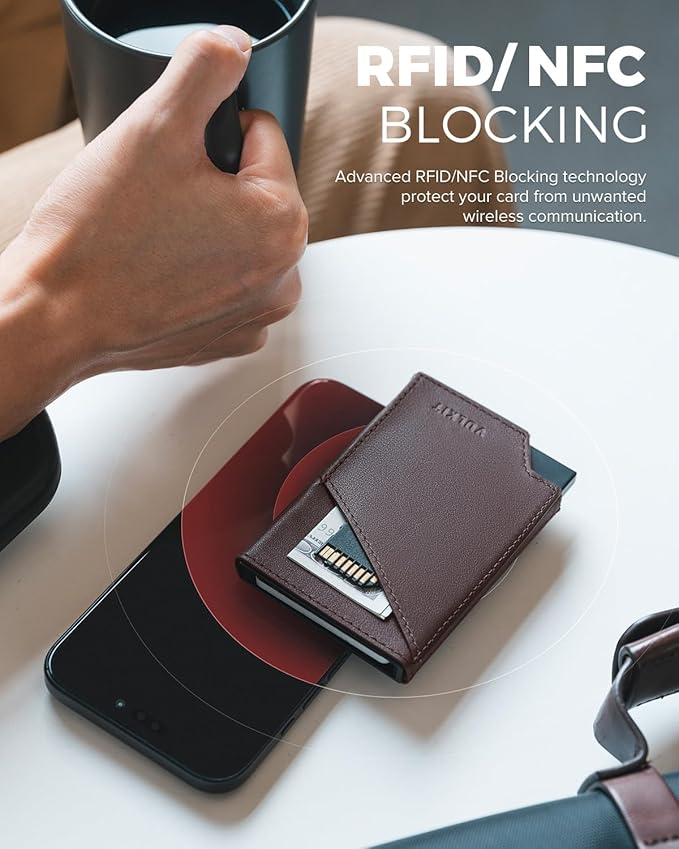 VULKIT Pop up Card Wallet Top-Grain Genuine Leather RFID Blocking Slim Aluminum Metal Bank Card Holder Case with Business Money Pocket for Credit Cards Notes and Coins Espresso