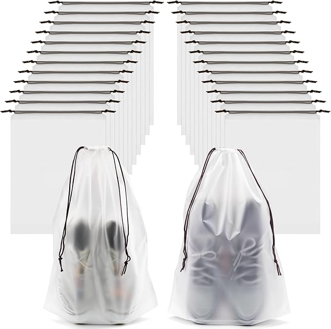 24pcs Clear Shoe Bags for Travel, 15.7" x 11.8" Waterproof Dust Bags with Drawstring, Portable Storage for Men and Women