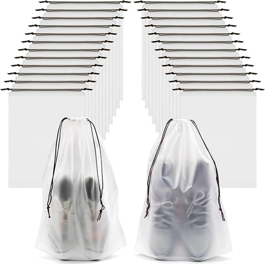 24pcs Clear Shoe Bags for Travel, 15.7" x 11.8" Waterproof Dust Bags with Drawstring, Portable Storage for Men and Women