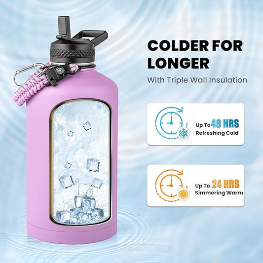 One Gallon Water Bottle Insulated, Triple Walled Vacuum Stainless Steel (Cold for 48 Hrs), Leak Proof & Non-BPA, Large Water Flask Jug with Paracord Handle & Straw Spout Lids