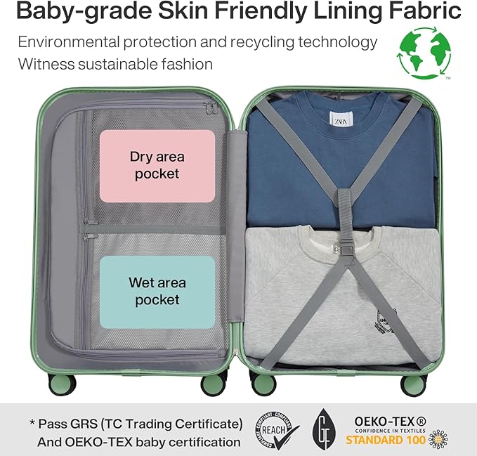 mixi Carry on Luggage, 20'' Suitcase Spinner Wheels Luggage Hardshell Lightweight Rolling Suitcases PC with Cover & TSA Lock for Business Travel, Avocado Green