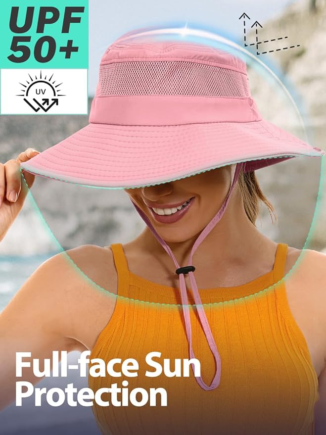 Sun Bucket Beach Hats for Women with Ponytail Hole,Sun Protection UV UPF50+ Waterproof Fishing Safari Hiking Hat