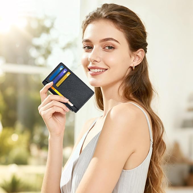 Tipmile Credit Card Holder for Women Slim Minimalist Front Pocket RFID Blocking Wallet Small Compact Card Case with ID Window, Crosshatch Black