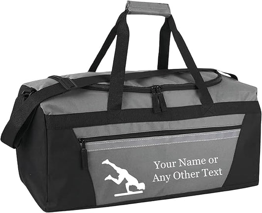 Personalized Sports Duffel Bags for Men and Women - 22” Customized Travel Duffle with Name & Gymnastics Design - Water Resistant Two-Toned Overnight Weekender Bag - Gray